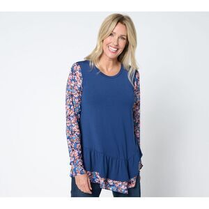 LOGO by Lori Goldstein Blue Floral Sleeve Top